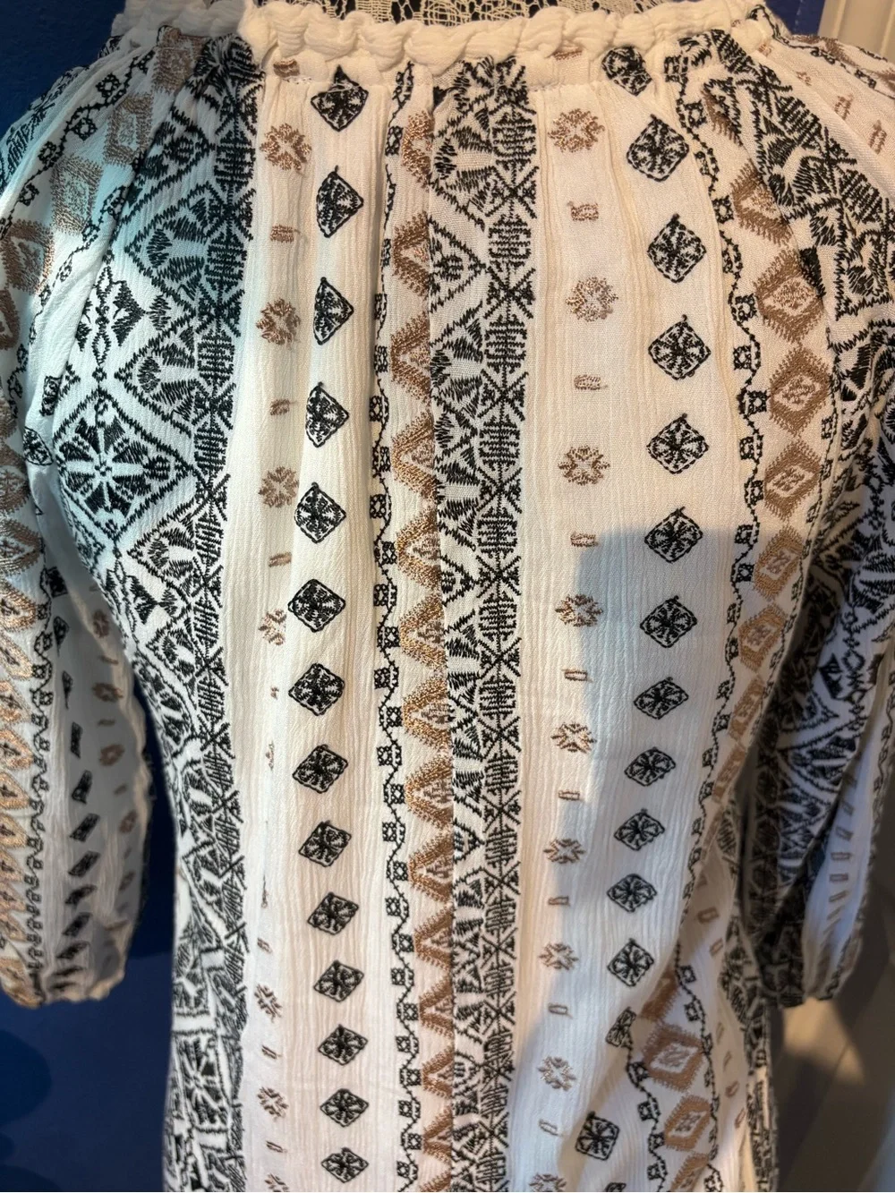 Blue Rain White Dress with Black and Tan Embroidered Print